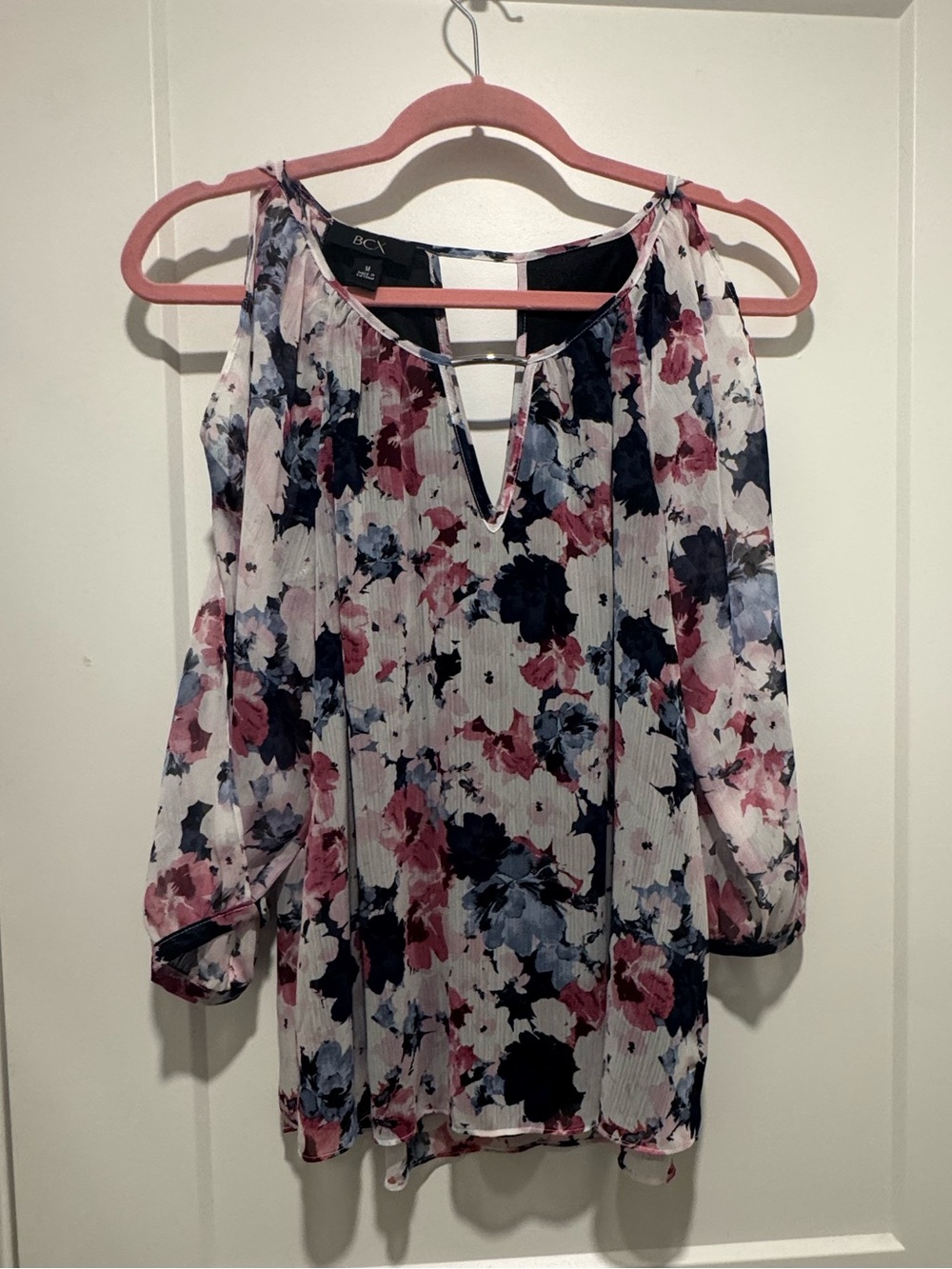 BCX Cold Shoulder Sheer Sleeve Floral Layered Top